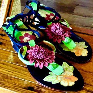 NANAN SANDALS ~ Ankle Wraps ~ Wedges ~HANDPAINTED Tropical Flowers~ NEW WO TAGS